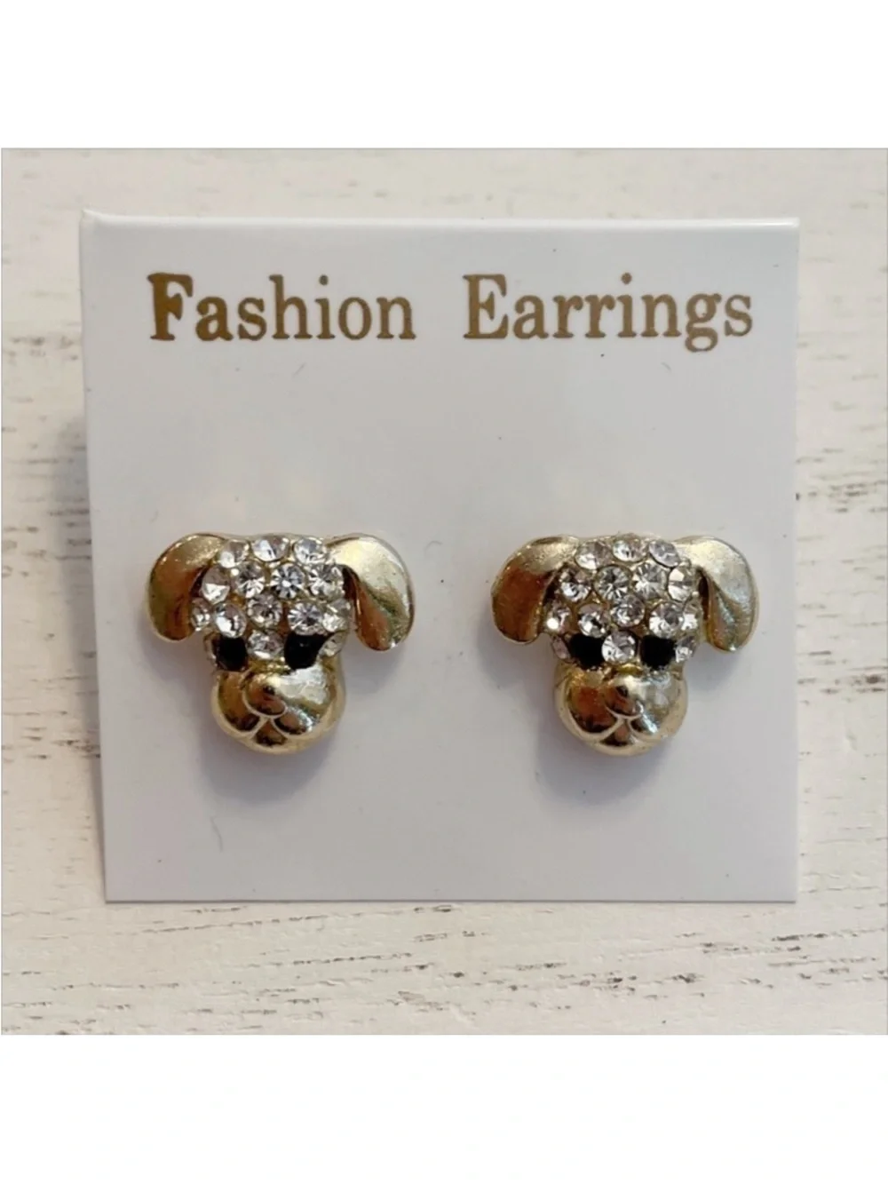 Rhinestone Gold Tone Puppy Dog Earrings